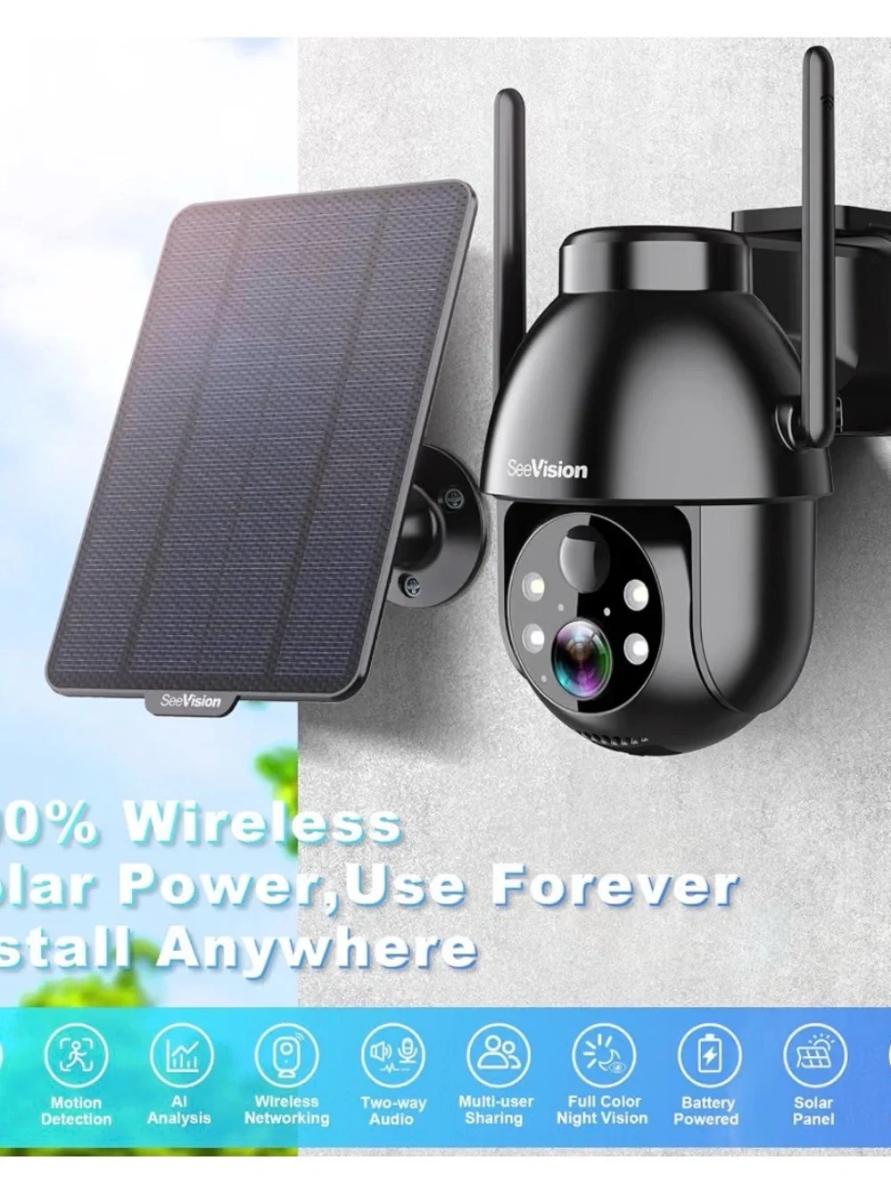 Solar Security Camera Wireless Outdoor 3MP 2K Battery Powered PTZ Camera System